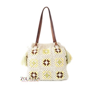Granny Square Crochet Bag with Tassels, Large Shoulder Hippie Bag, Genuine Leather Handles, Many Inside Pockets image 6