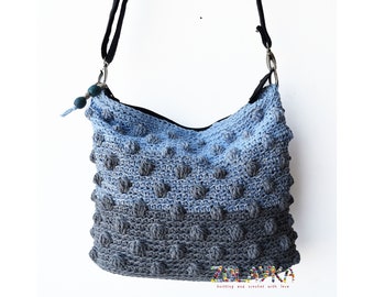 Blue Crossbody Bag, Top Zipped Ombre Satchel Bag, Crochet Messenger Bag for Woman, Cross Body Purse with Polka Dots