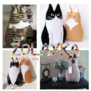 K&ouml;nnte beinhalten: Eine Sammlung von geh&auml;kelten Katzenkissen in verschiedenen Farben und Mustern. Die Kissen sind auf einem wei&szlig;en Hintergrund mit dem Text "ZOLAYKA Stricken und H&auml;keln mit Liebe" in bunten Buchstaben angeordnet.
