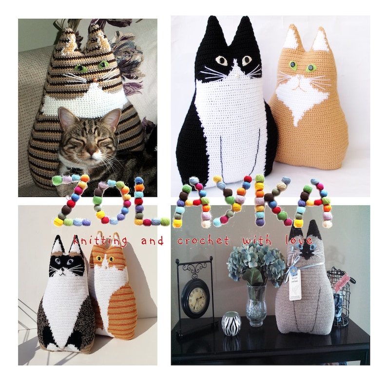 K&ouml;nnte beinhalten: Eine Sammlung von geh&auml;kelten Katzenkissen in verschiedenen Farben und Mustern. Die Kissen sind auf einem wei&szlig;en Hintergrund mit dem Text "ZOLAYKA Stricken und H&auml;keln mit Liebe" in bunten Buchstaben angeordnet.
