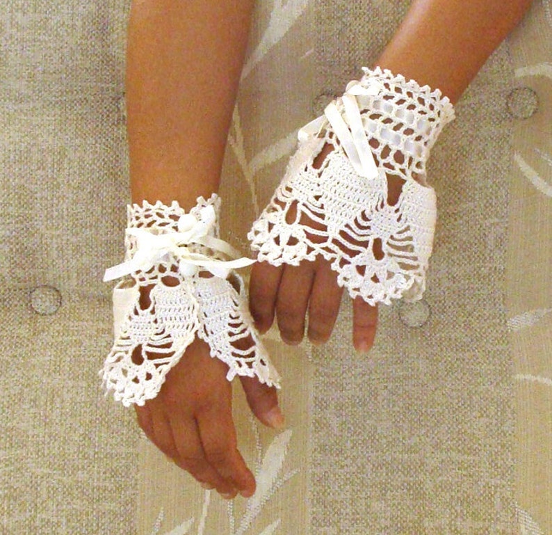 Black Lace Wrist Cuffs with Satin Ribbon, Whimsigothic Fashion, Black Victorian Lace Fingerless Gloves, Crochet Cuffs Cream White