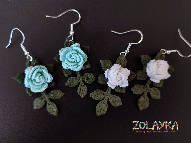 Blue Rose Dangle Earrings, 925 Silver Micro Crochet Black Rose Earrings image 3