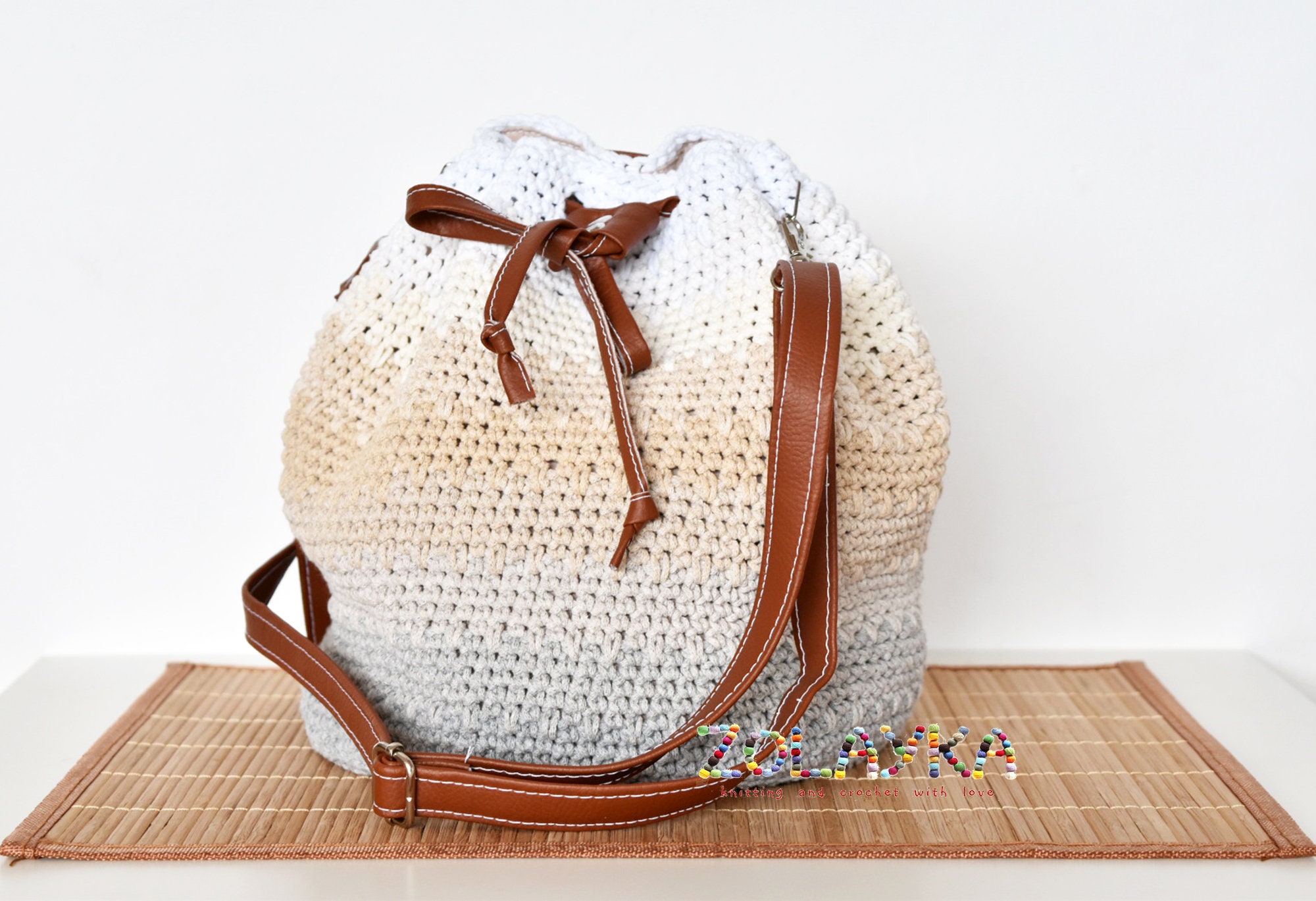 Natural Floral Crochet and Smooth Leather Bucket Bag, BON BON, Beach  collection 2023