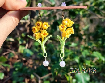 Yellow Lilly of the Valley Flowers Earrings, Micro Crochet Jewelry on 925 Silver Hooks, Handcrafted Bell Shaped Branch Earrings