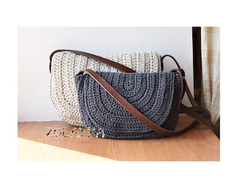 Crochet Messenger Crossbody Bag, Saddle Purse with Genuine Leather Straps, Everyday Bag, Round Messenger Bag, Woman Shoulder Bag, Half Moon