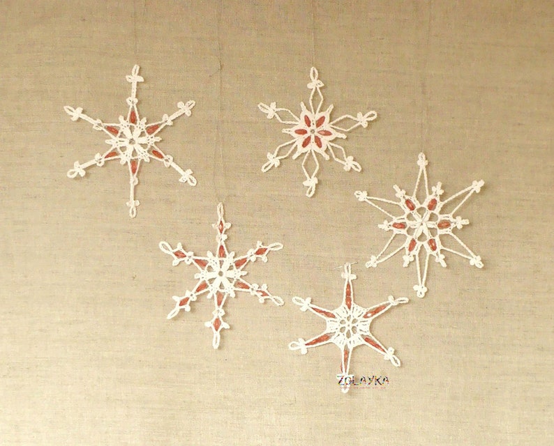 Crochet Snowflakes with Beads, Christmas Tree Decoration, White Xmas Flakes Pack, Xmas tree Embellishment Set image 6
