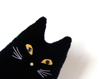 Crochet Black Cat Pillow, Handmade Cat Decor Plush, Fiber Art Gift