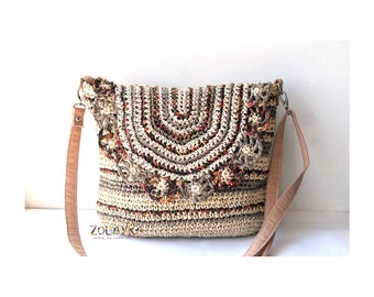 Straw Messenger Bag with Flowers, Paper Raffia Crossbody Purse, Boho Crochet Handbag