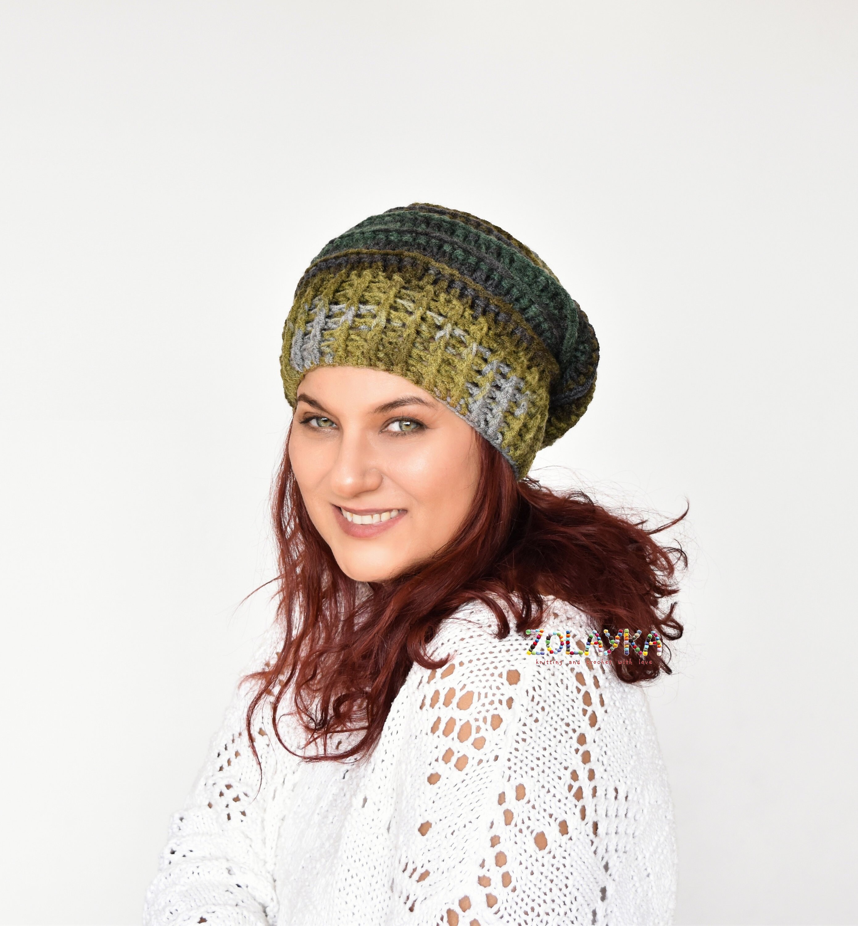 Green Slouchy Beanie Hat for Women Wool 