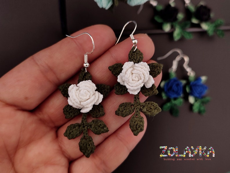 Blue Rose Dangle Earrings, 925 Silver Micro Crochet Black Rose Earrings White