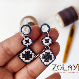 Granny Square Earrings, Tiny Blue Brown and White Earrings, Micro Crochet Lightweight Dangle Earrings with Geometric Design