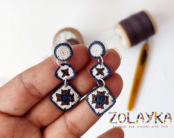 Granny Square Earrings, Micro Crochet Dangle Earrings with 925 Silver Studs