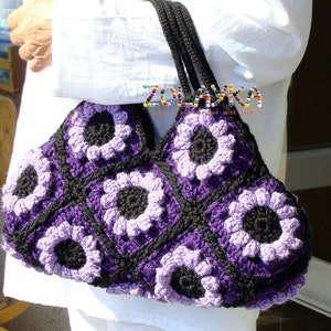 Bohemian purse with flowers, crochet shoulder bag, Granny squares bag, purple hippie bag, flowers boho bag, hippie bag retro style purse image 4