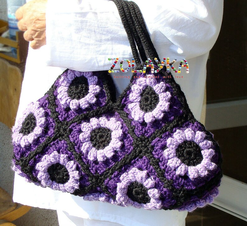 Bohemian purse with flowers, crochet shoulder bag, Granny squares bag, purple hippie bag, flowers boho bag, hippie bag retro style purse image 4