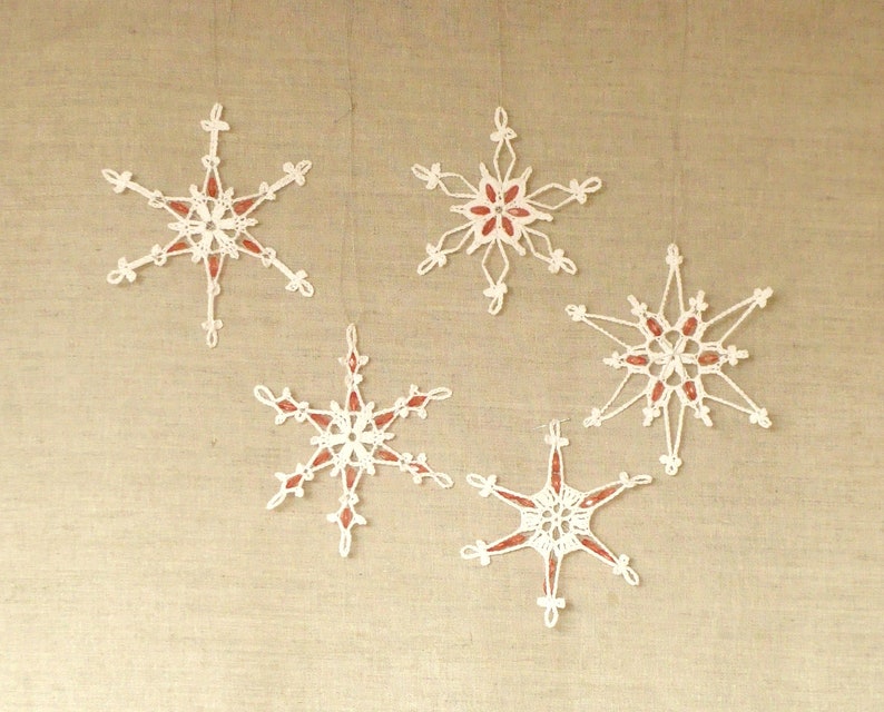 Crochet Snowflakes with Beads, Christmas Tree Decoration, White Xmas Flakes Pack, Xmas tree Embellishment Set image 1