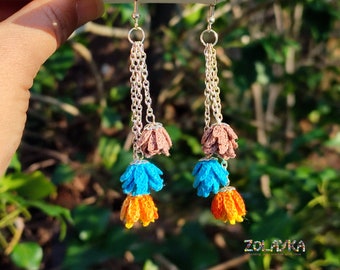 Dangle Flowers Earrings, Micro Crochet Cluster Earrings on 925 silver hooks, Handcrafted Blue Turquoise Orange Flowers Earrings