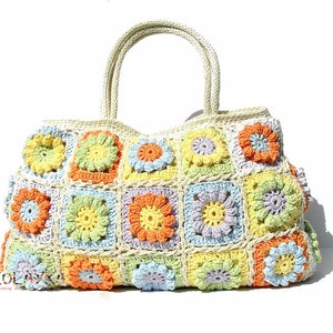 Women boho hippie bag with flowers bohemian style eco friendly cotton shoulder bag granny squares top handle handback in bright colors image 2