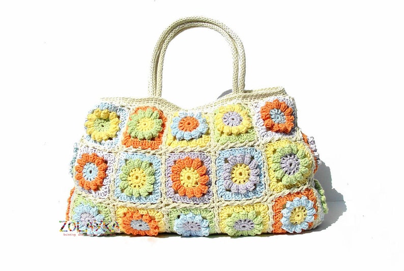 Women boho hippie bag with flowers bohemian style eco friendly cotton shoulder bag granny squares top handle handback in bright colors image 2