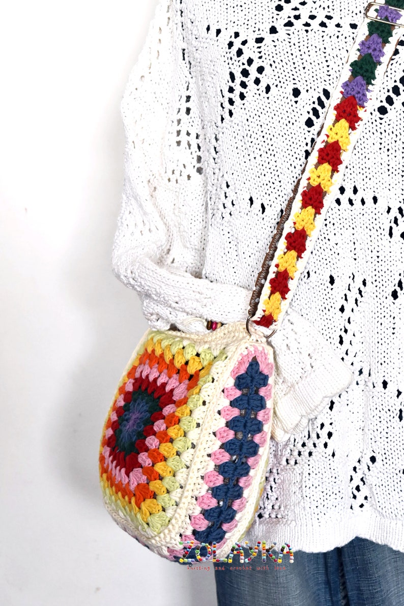 Hippie Crossbody Bag, Granny Square Bag, Crochet Colorful Purse, Adjustable Strap, Festival Shoulder Bag, Vintage Style, Gift For Her image 4