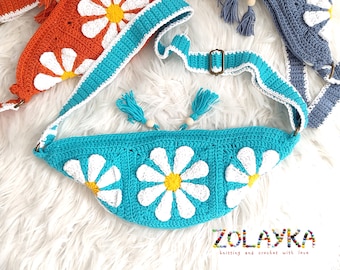 Handcrafted Daisy Fanny Pack, Turquoise Crochet Sling Bag with Granny Squares, Adjustable Strap and Two Sides Zipper