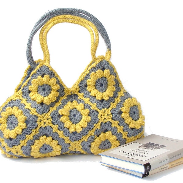 Lemon crochet flowers bag eco friendly purse boho shoulder bag hippie purse yellow summer bag bohemian floral tote gray and yellow bag