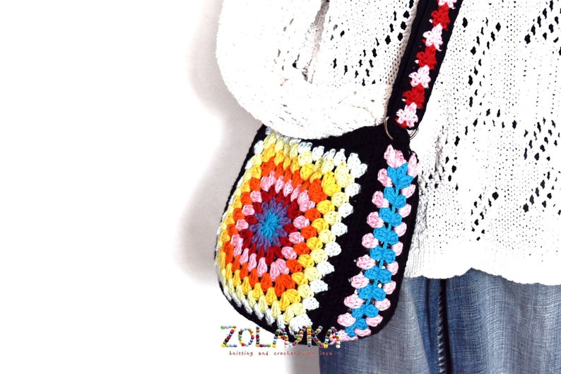 Hippie Crossbody Bag, Granny Square Bag, Crochet Colorful Purse, Adjustable Strap, Festival Shoulder Bag, Vintage Style, Gift For Her image 1