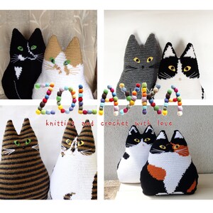 K&ouml;nnte beinhalten: Eine Sammlung von geh&auml;kelten Katzenkissen in verschiedenen Farben und Mustern. Die Kissen sind in einer Collage mit dem Text "ZOLAVKA knitting and crochet with love" in der Mitte angeordnet.