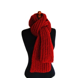 Red wool hand knitted winter scarf extra long