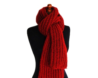 Red wool hand knitted winter scarf extra long
