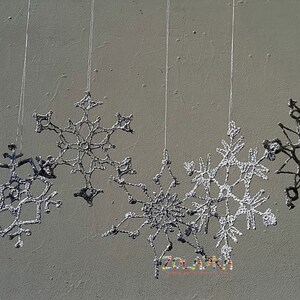 Crochet Snowflakes, Silver Shabby Xmas Tree Decor, Shining Christmas Ornaments, Silver Flakes Hanging 6pcs. image 7