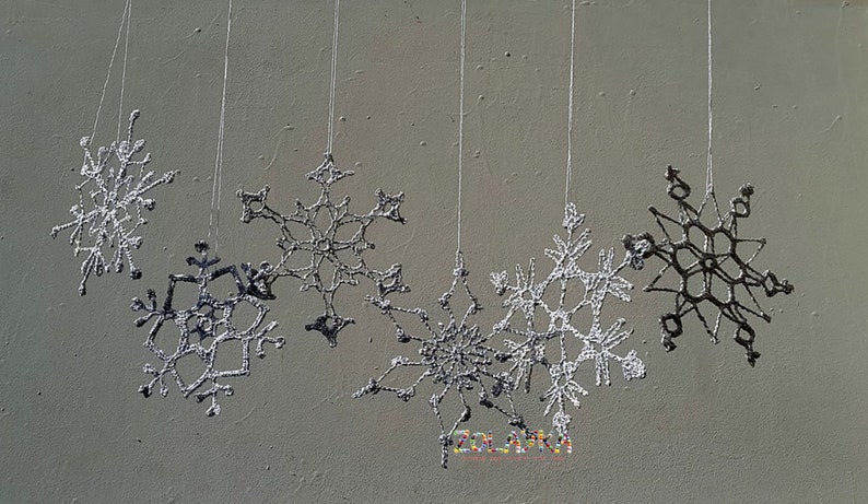 Crochet Snowflakes, Silver Shabby Xmas Tree Decor, Shining Christmas Ornaments, Silver Flakes Hanging 6pcs. image 7