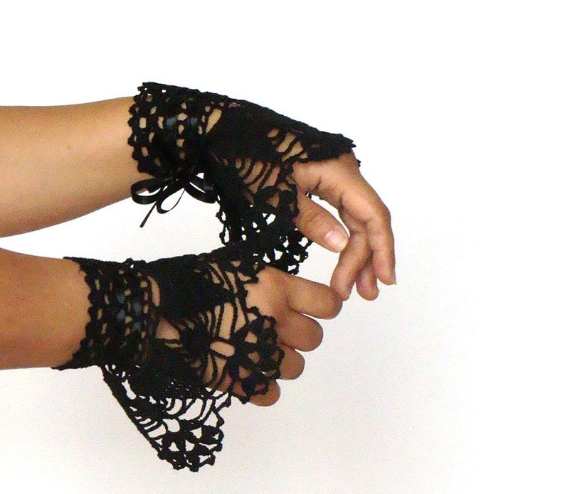 Black Lace Wrist Cuffs with Satin Ribbon, Whimsigothic Fashion, Black Victorian Lace Fingerless Gloves, Crochet Cuffs Black