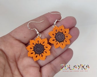 Sunflower Micro Crochet Dangle Earrings, 925 Silver Hooks, Handmade Gift for Hope