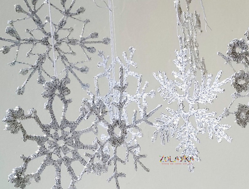 Crochet Snowflakes, Silver Shabby Xmas Tree Decor, Shining Christmas Ornaments, Silver Flakes Hanging 6pcs. image 8