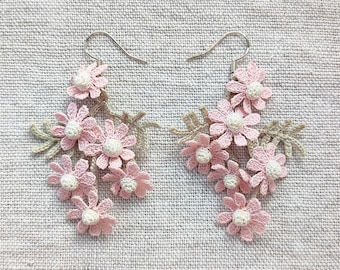 Micro Crochet Daisy Earrings – Pink Floral Dangle, 925 Silver Hooks