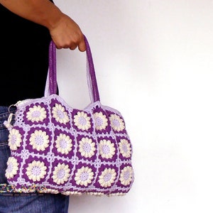 Women boho hippie bag with flowers bohemian style eco friendly cotton shoulder bag granny squares top handle handback in bright colors Purple