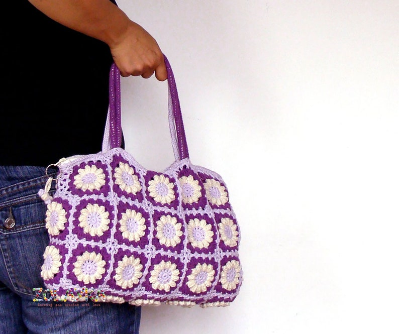 Women boho hippie bag with flowers bohemian style eco friendly cotton shoulder bag granny squares top handle handback in bright colors Purple