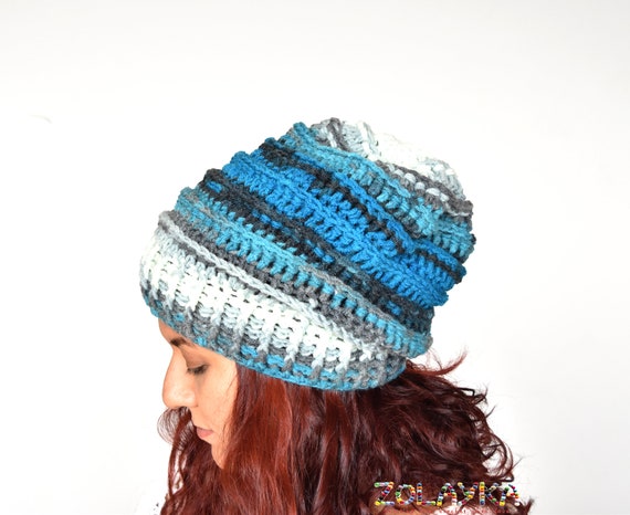 Blue Slouchy Crochet Beanie Hat – Wool Blend Ribbed Winter  display picture 1
