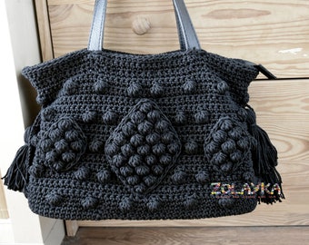 Zwarte gehaakte draagtas – 3D-katoenen tas met textuur en leren handvatten