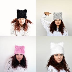 Black pussycat hat, cat ear hat, cat hat, kitty hat, hat with ears, pussycat beanie, animal hat, pussyhat, women march hat, fur pussy cat image 4