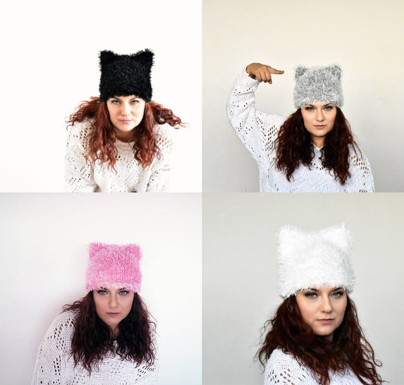 Black pussycat hat, cat ear hat, cat hat, kitty hat, hat with ears, pussycat beanie, animal hat, pussyhat, women march hat, fur pussy cat image 4