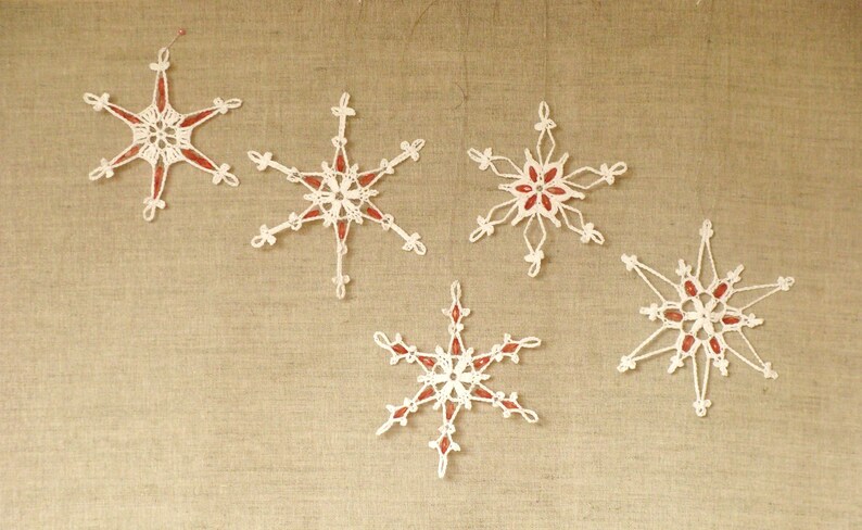 Crochet Snowflakes with Beads, Christmas Tree Decoration, White Xmas Flakes Pack, Xmas tree Embellishment Set image 5