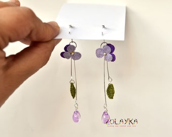 Handcrafted Pansy Flowers Micro Crochet Earrings with Glass Beads on 925 Silver Hooks