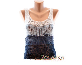 Knit Tank Top for Women, Ombre White Blue Stripes, S (US) Woman Size