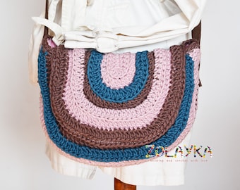 Pink Messenger Bag for Woman, Crochet Crossbody Bag with Genuine Leather Strap