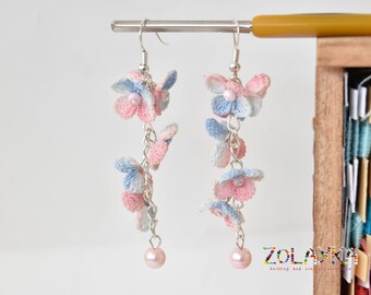 Enchanting Crochet Earrings, Dreamy Ombre Flower Clusters in Pink, Blue, and White, Handmade Unique Knitted Jewelry Gift for Her, 925 Silver