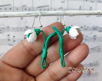 Micro Crochet Snowdrop Dangle Earrings, 925 Silver Hooks, Handmade Birth Flower Jewelry