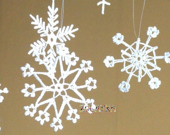 6 Lace Crochet Snowflakes Ornament, Rustic Christmas Decoration, White Crochet Snowflakes