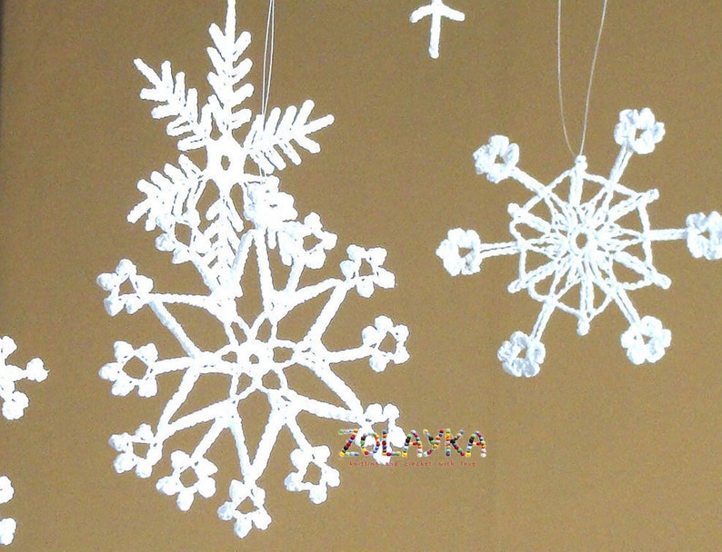 6 Lace Crochet Snowflakes Ornament, Rustic Christmas Decoration, White Crochet Snowflakes image 1