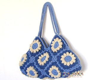 Blue Shoulder Bag with Flowers, Boho Granny Squares Purse, Handmade Gift for Mom Sister Best Friend, Hippie Style Handbag
